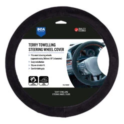 SCA Steering Wheel Cover - Terry Towelling, Black, 380mm Diameter