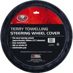 SCA Steering Wheel Cover - Terry Towelling, Grey, 380mm Diameter