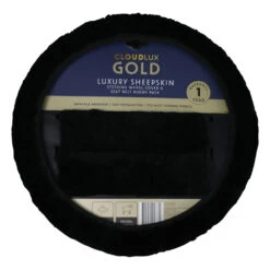 CLOUDLUX Steering Wheel Cover And Seat Belt Buddies - Sheepskin, Black, 380mm Diameter