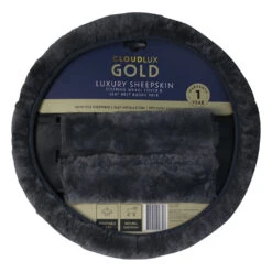 CLOUDLUX Steering Wheel Cover And Seat Belt Buddies - Sheepskin, Slate, 380mm Diameter