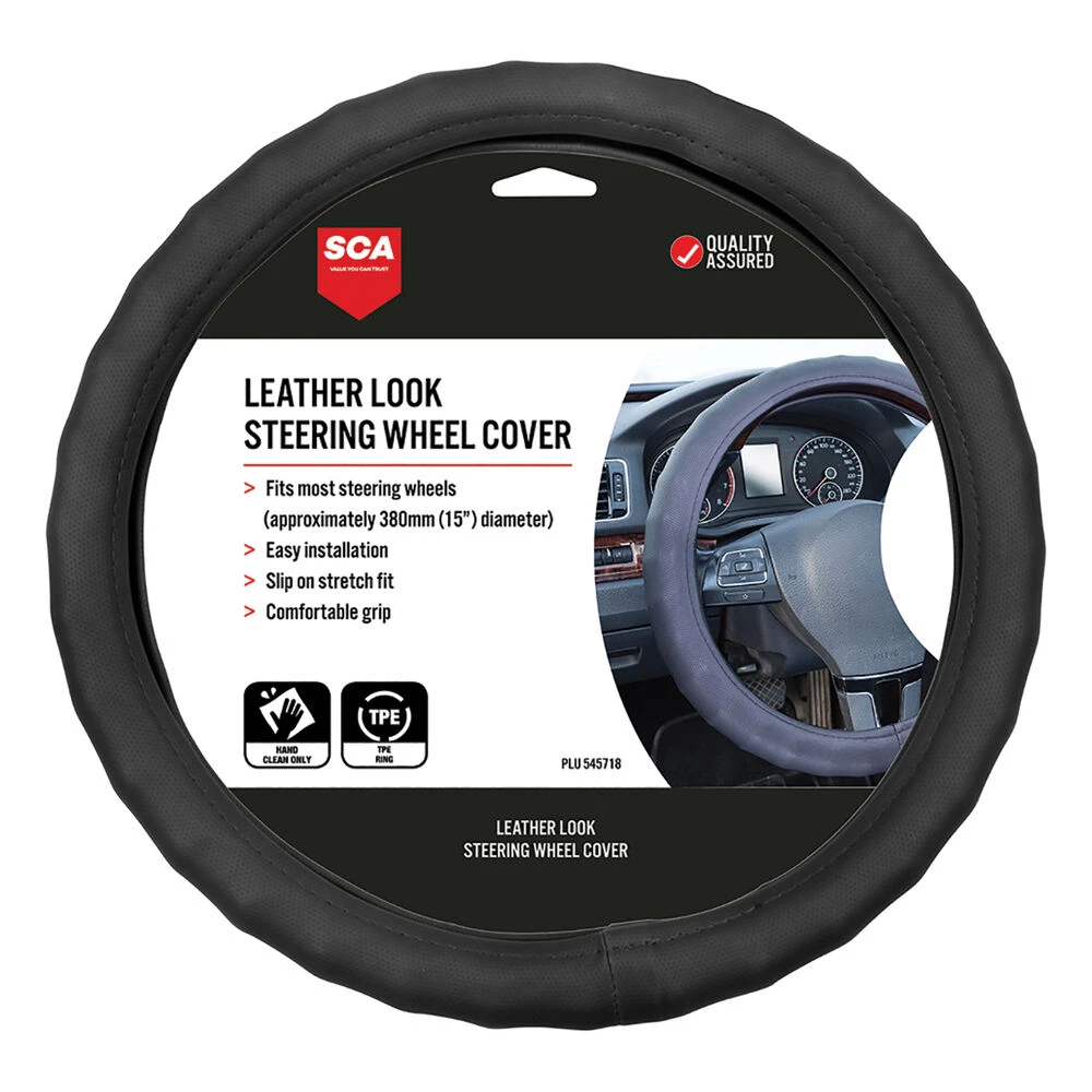 SCA Steering Wheel Cover - Leather Look, Black, 380mm Diameter