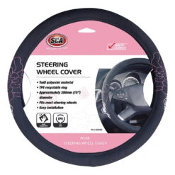 SCA Steering Wheel Cover - Rose Twill Polyester, Black / Pink, 380mm Diameter