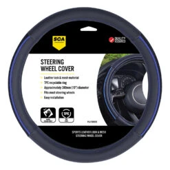 SCA Steering Wheel Cover - PU And Mesh, Black / Blue, 380mm Diameter