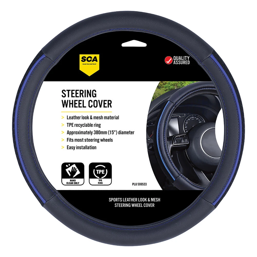 SCA Steering Wheel Cover - PU And Mesh, Black / Blue, 380mm Diameter 3 SCA Steering Wheel Cover - PU And Mesh, Black / Blue, 380mm Diameter