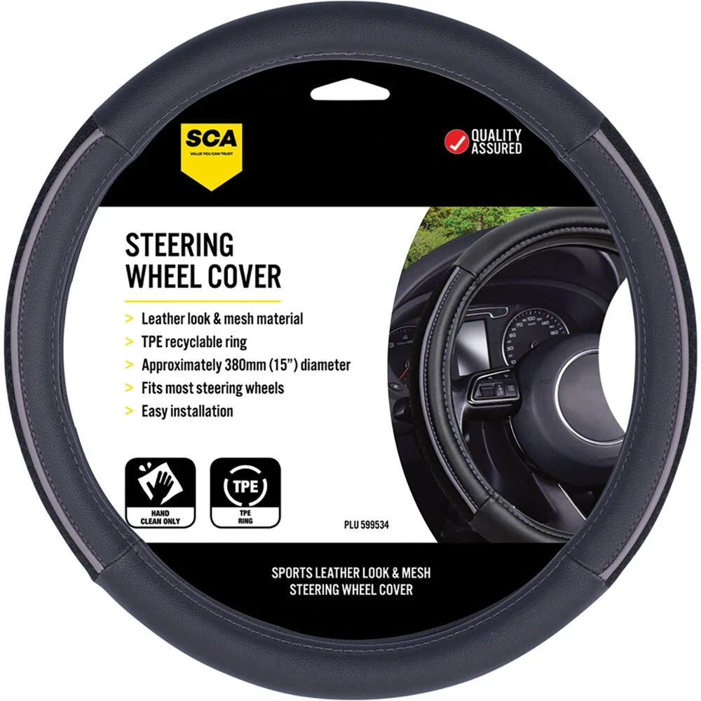 SCA Steering Wheel Cover - PU And Mesh, Black / Grey, 380mm Diameter