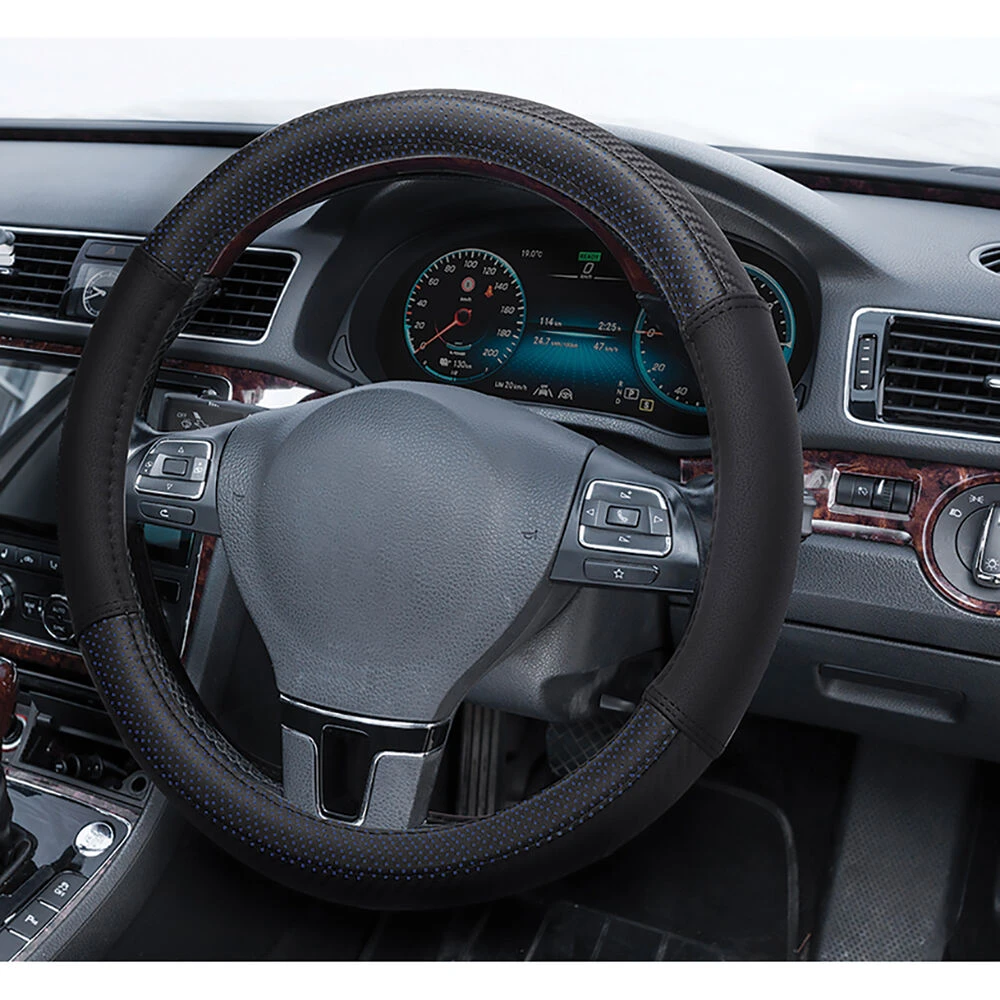 SCA Leather Look Perforated Steering Wheel Cover - Black/Blue, 380mm 4 SCA Leather Look Perforated Steering Wheel Cover - Black/Blue, 380mm - Image 2