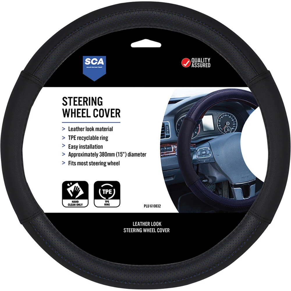 SCA Leather Look Perforated Steering Wheel Cover - Black/Blue, 380mm 3 SCA Leather Look Perforated Steering Wheel Cover - Black/Blue, 380mm