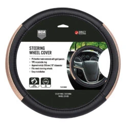 SCA Leather Look Steering Wheel Cover - Black/Gold, 380mm Diameter