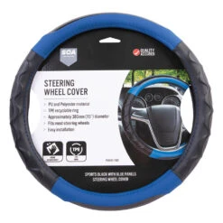 SCA Sports Leather Look Steering Wheel Cover - Blue/Black, 380mm Diameter