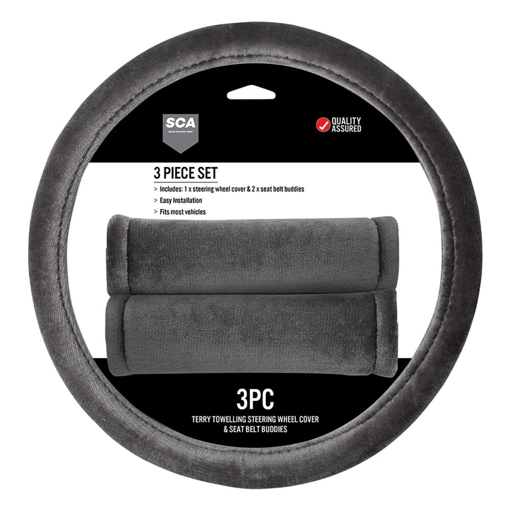 SCA Steering Wheel Cover & Seat Belt Buddies Set - Terry Towelling, Grey 380mm Diameter 3 SCA Steering Wheel Cover & Seat Belt Buddies Set - Terry Towelling, Grey 380mm Diameter