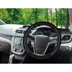 SCA Steering Wheel Cover Leather Look/Carbon Black/Blue 380mm Diameter -Auto Parts Store SCA 631784 00 hi res
