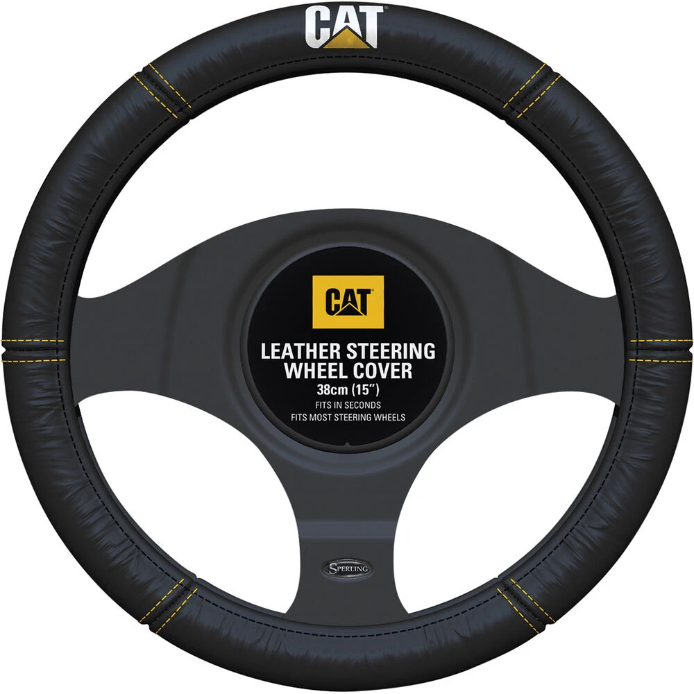 Caterpillar Steering Wheel Cover Leather Yellow/White Stripe 380mm Diameter 3 Caterpillar Steering Wheel Cover Leather Yellow/White Stripe 380mm Diameter
