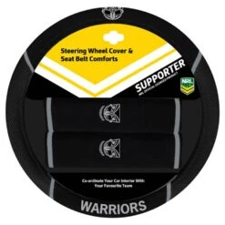 NRL Steering Wheel Cover And Seat Belt Buddies - Warriors, 380mm Diameter