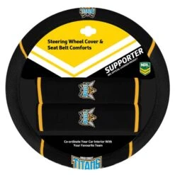 NRL Steering Wheel Cover And Seat Belt Buddies - Titans, 380mm Diameter