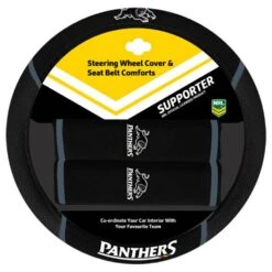NRL Steering Wheel Cover And Seat Belt Buddies - Panthers, 380mm Diameter