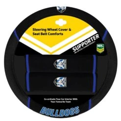 NRL Steering Wheel Cover And Seat Belt Buddies - Bulldogs, 380mm Diameter