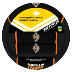 NRL Steering Wheel Cover And Seat Belt Buddies - Tigers, 380mm Diameter