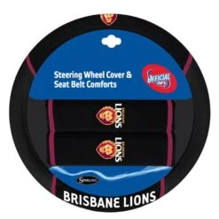 AFL Steering Wheel Cover And Seat Belt Buddies - Lions, 380mm Diameter