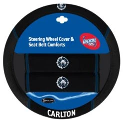 AFL Steering Wheel Cover And Seat Belt Buddies - Carlton, 380mm Diameter