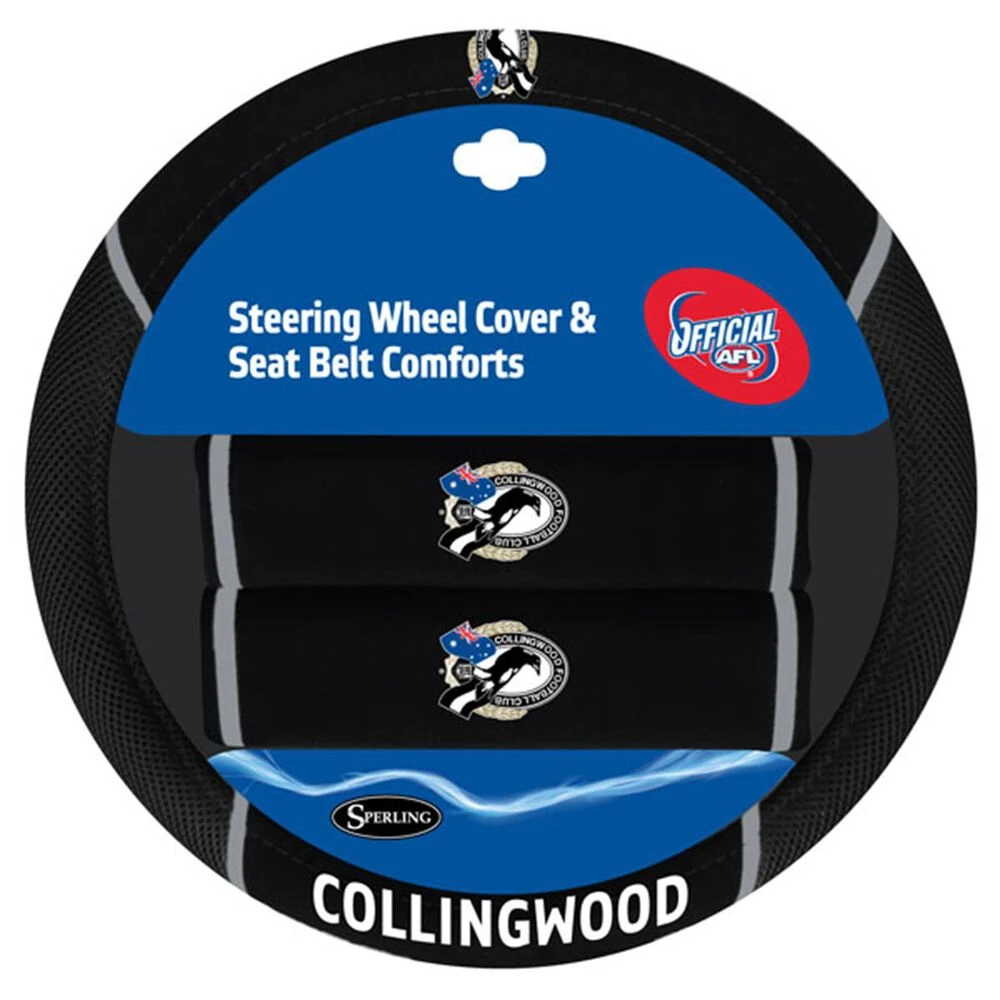 AFL Steering Wheel Cover & Seat Belt Buddie Set - Collingwood 2 AFL Steering Wheel Cover & Seat Belt Buddie Set - Collingwood