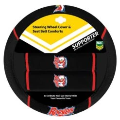 NRL Steering Wheel Cover And Seat Belt Buddies - Roosters, 380mm Diameter