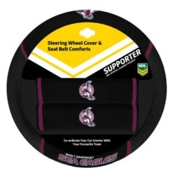 NRL Steering Wheel Cover And Seat Belt Buddies - Sea Eagles, 380mm Diameter