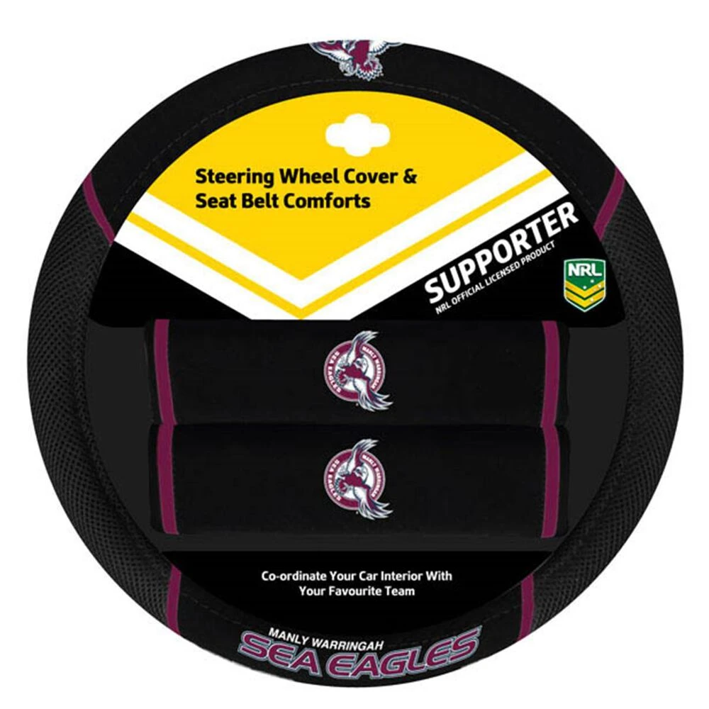 NRL Steering Wheel Cover And Seat Belt Buddies - Sea Eagles, 380mm Diameter 3 NRL Steering Wheel Cover And Seat Belt Buddies - Sea Eagles, 380mm Diameter
