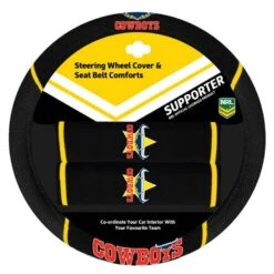 NRL Steering Wheel Cover And Seat Belt Buddies - Cowboys, 380mm Diameter